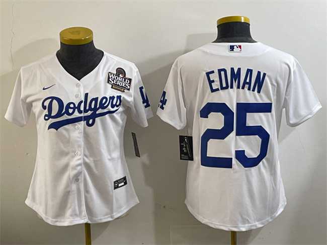 Women%27s Los Angeles Dodgers #25 Tommy Edman White 2024 World Series Cool Base Stitched Jersey